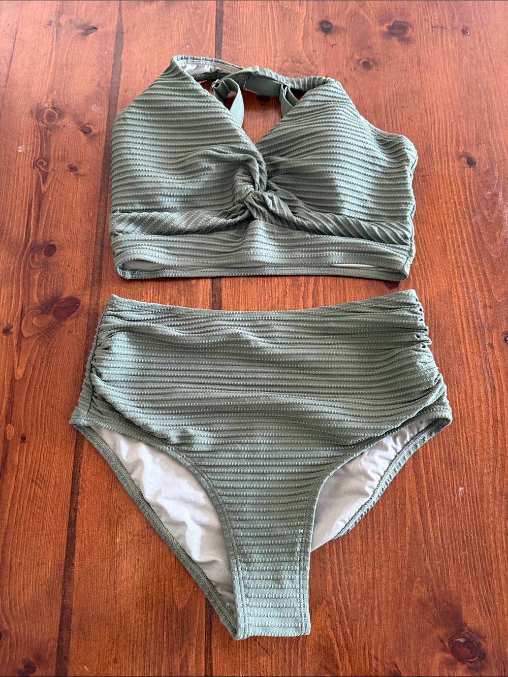 High-Waist Textured Knot Bikini Set - Olive Green